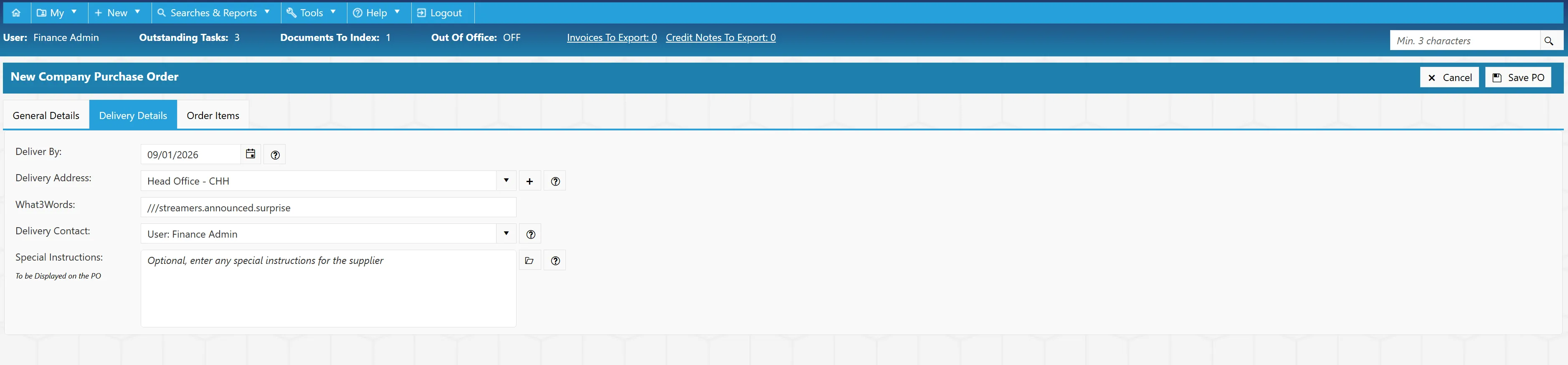 Select Delivery Details to begin specifying delivery information for your purchase order.