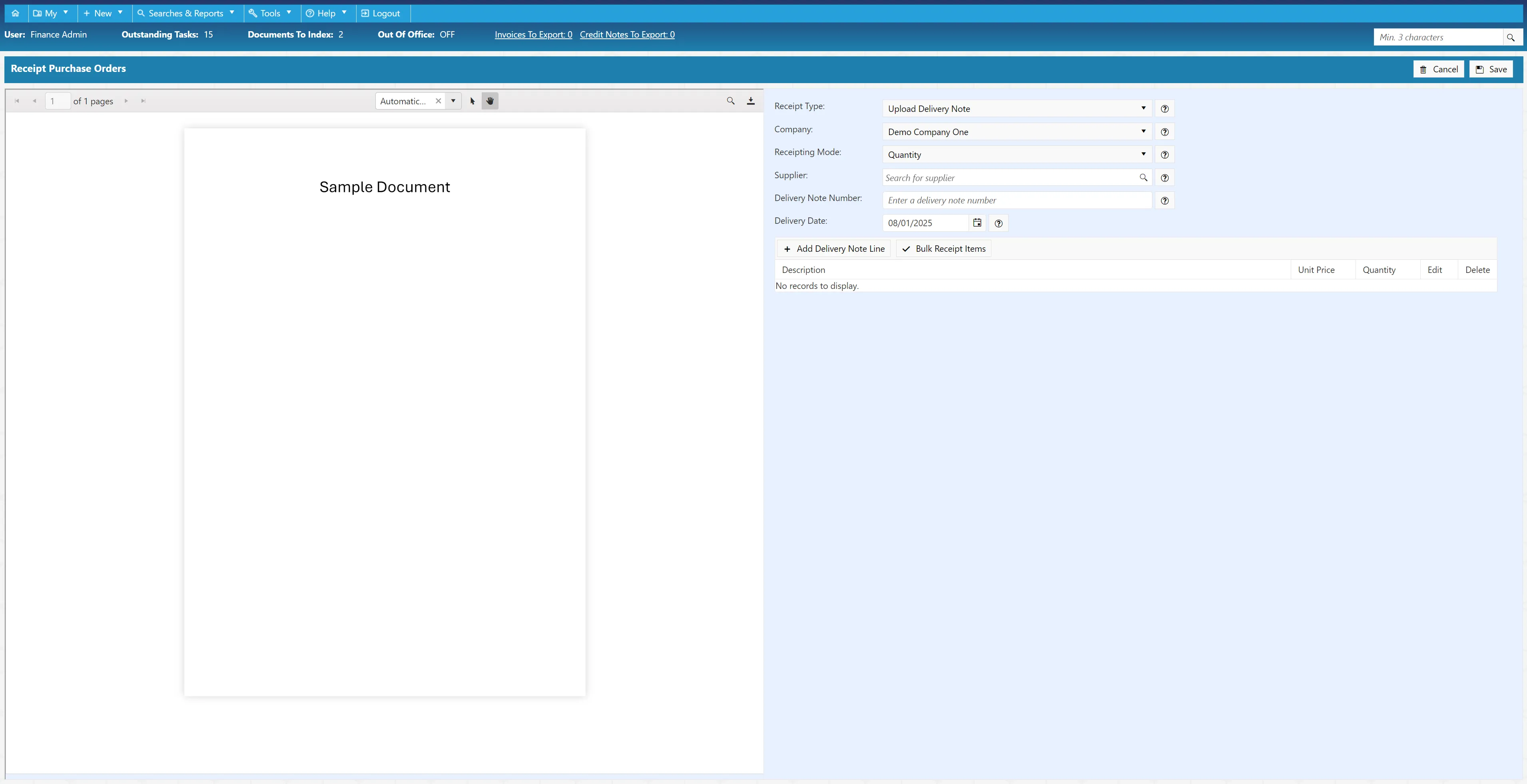 Delivery Note Document Preview Once uploaded, the document is displayed in the preview window for review.