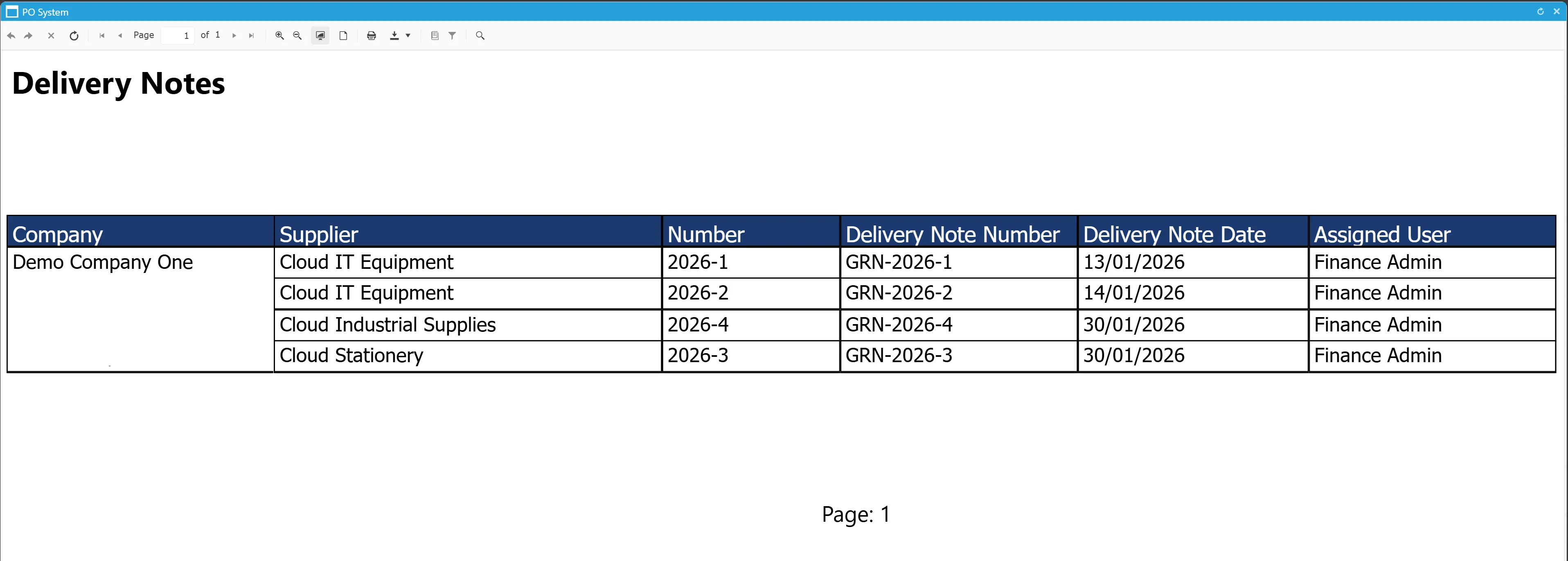 Delivery Note reports display the data in a simple format with clear headings.