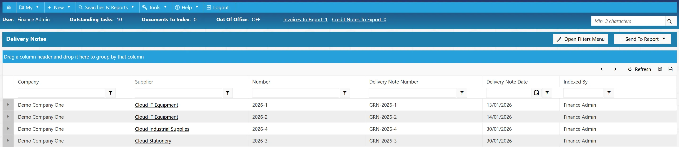 Delivery note search results are displayed in a grid splitting the data across several columns.