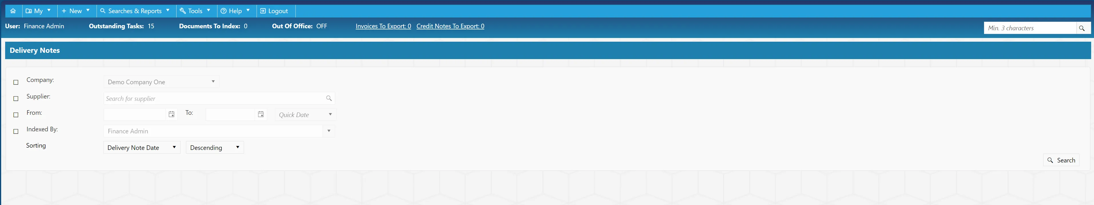 There are several filters available when searching for Delivery Notes.