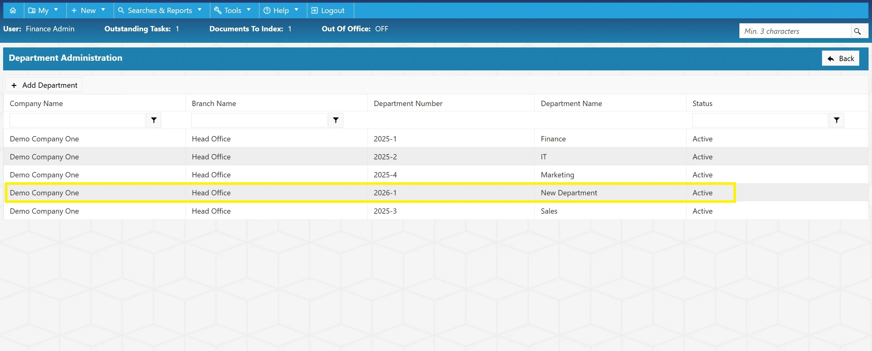 Once saved, your new department will be displayed in the Department Administration grid.
