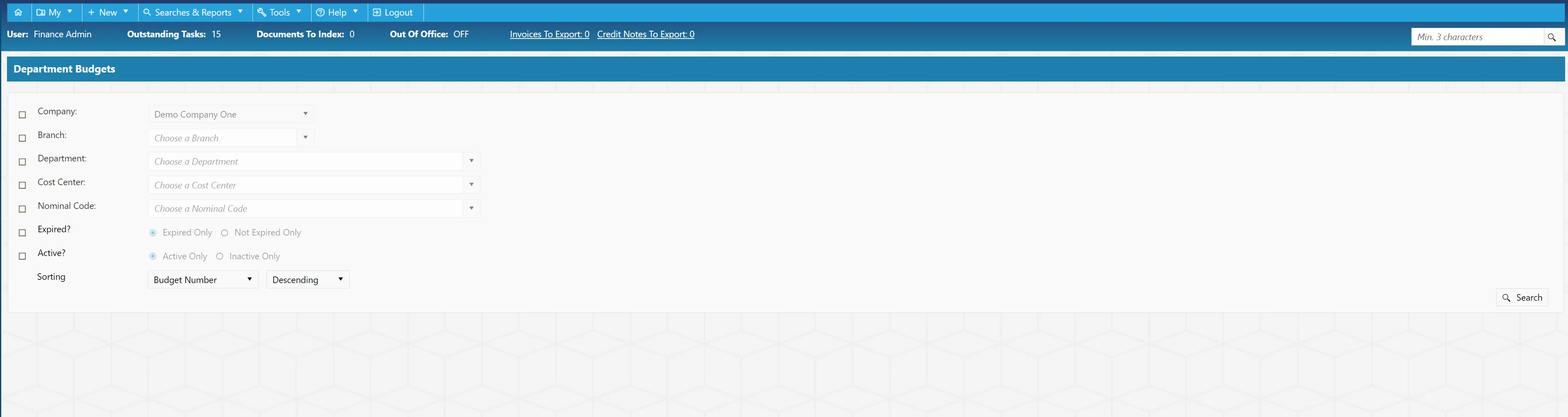 The department budgets search has a number of filters available, allowing users to narrow down the search.