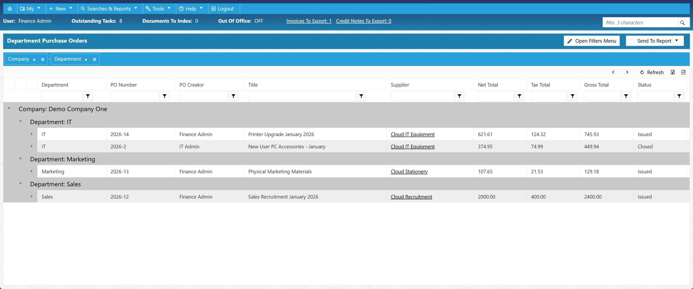 Department purchase order search results are displayed in a grid with various columns.