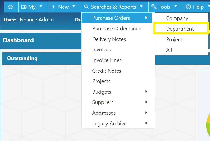Carry out searches for department level purchase orders within the PO software.