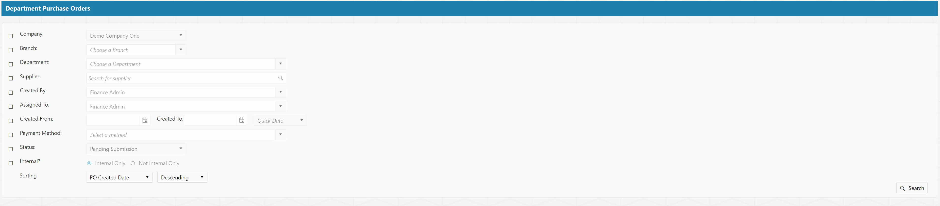There are a number of filters available for the department level purchase order search.