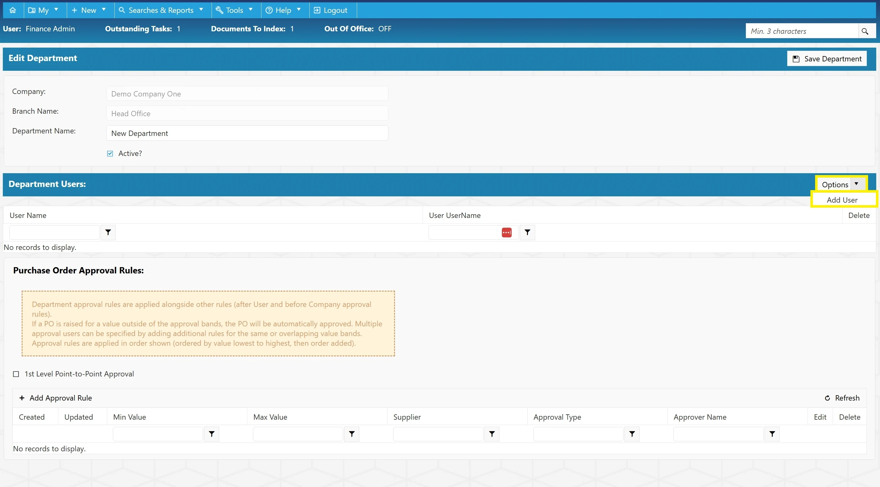 Select Add User to begin adding users to the department.