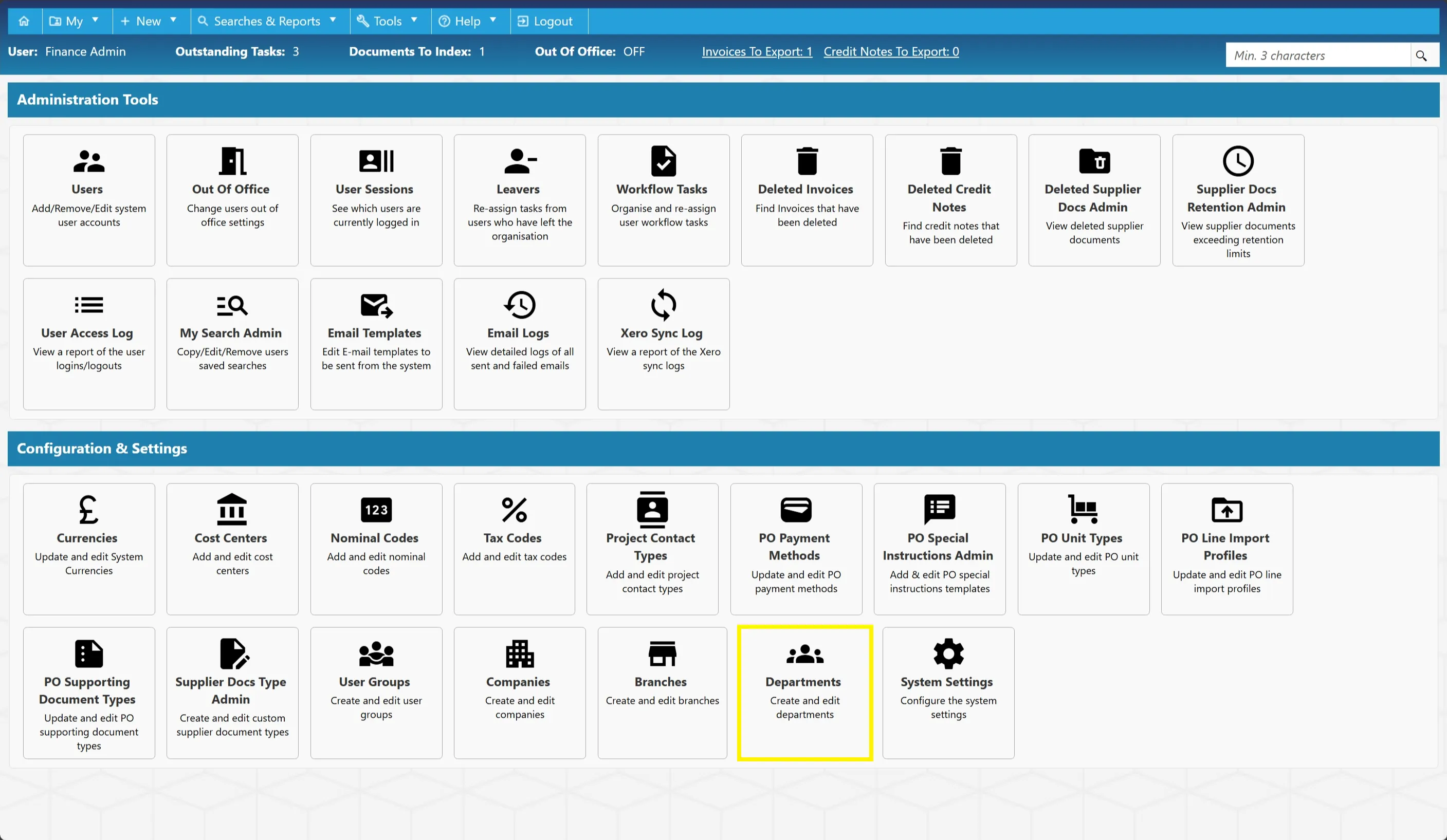 Admin users can edit existing departments and add new ones if required.