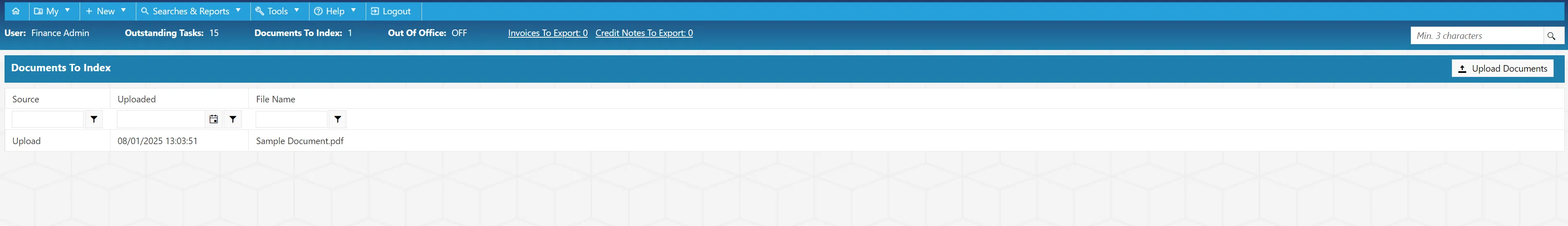 The Documents to Index grid displays any documents that are ready to be indexed within the system.