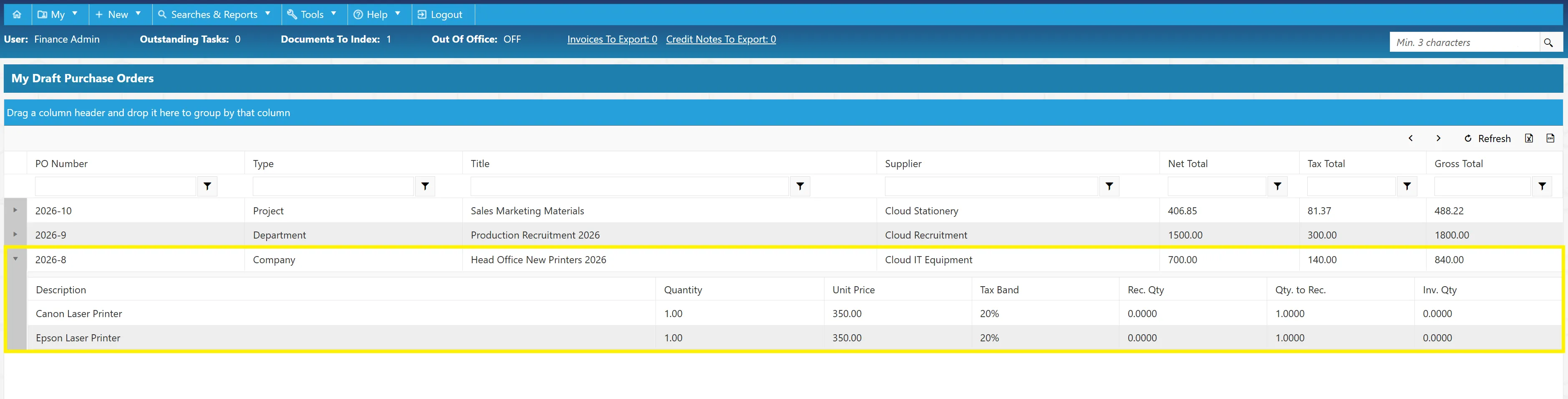 The expanded line shows key information relating to the purchase order lines.