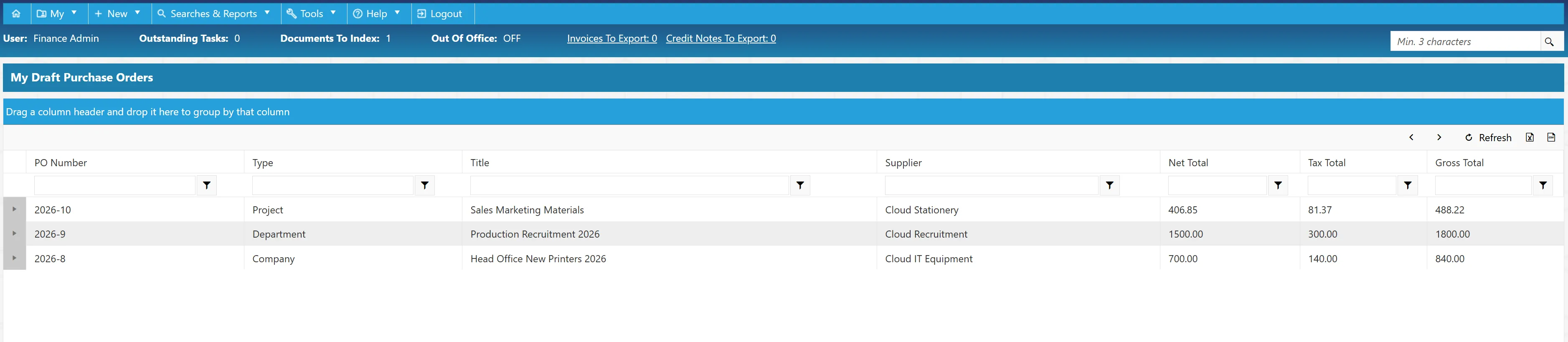 The Draft Purchase Orders grid displays any saved purchase orders that have not yet been submitted for approval.