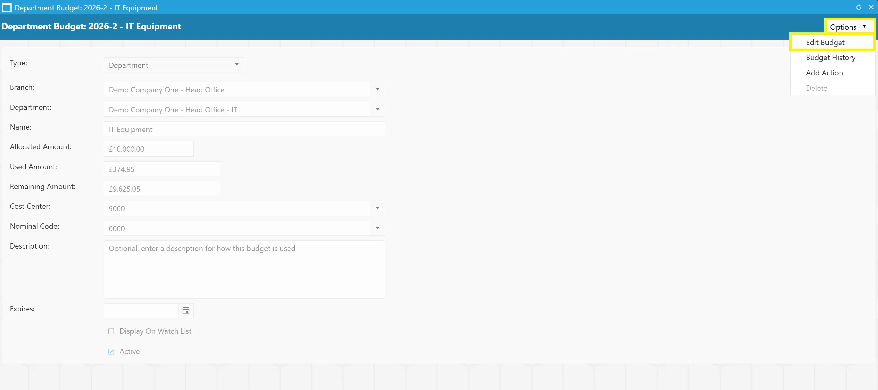 Edit Existing Budgets Users with the relevant permissions enabled can edit existing budgets.