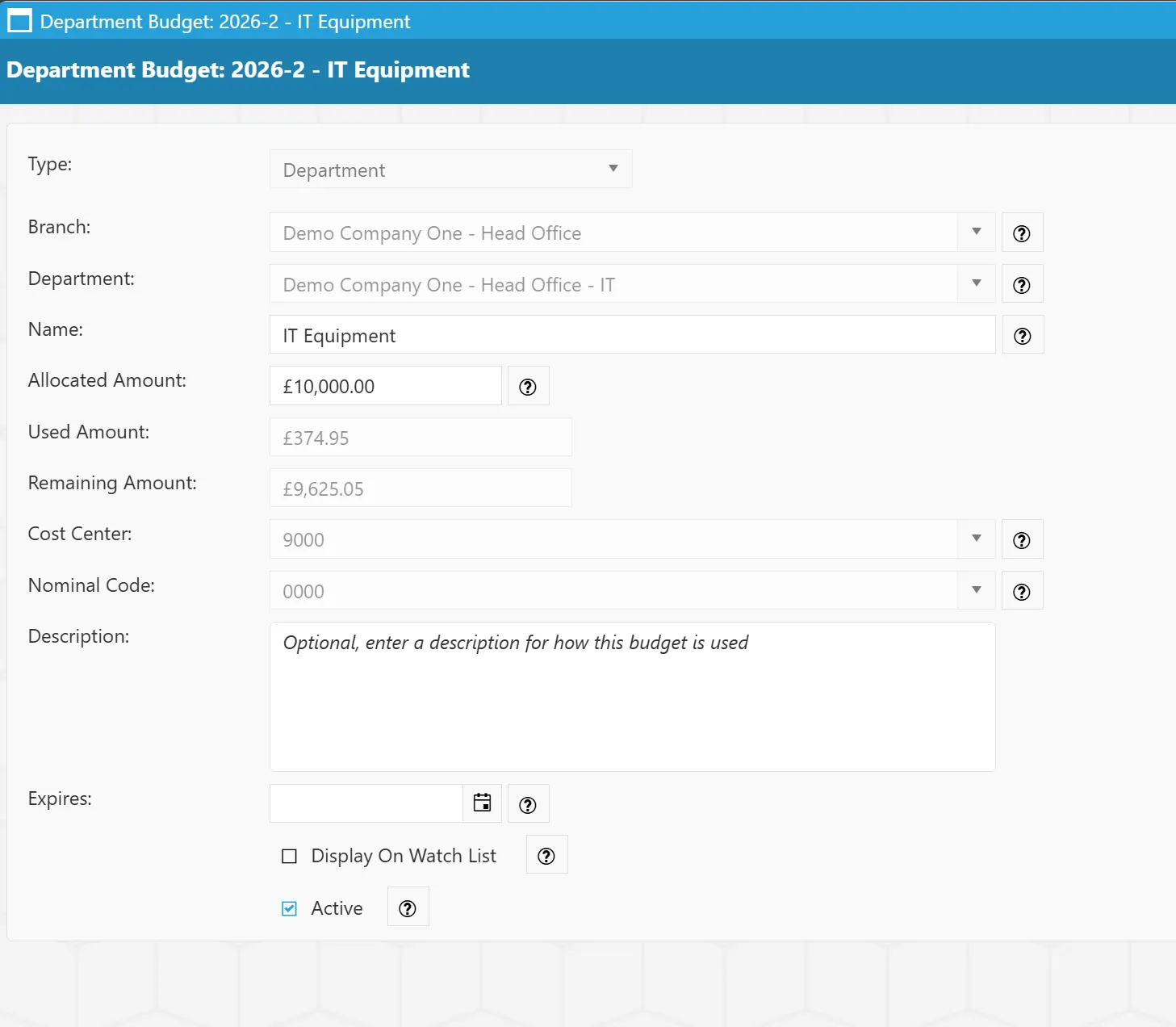 Edit Budget Details Fill in the new details for your existing budget.