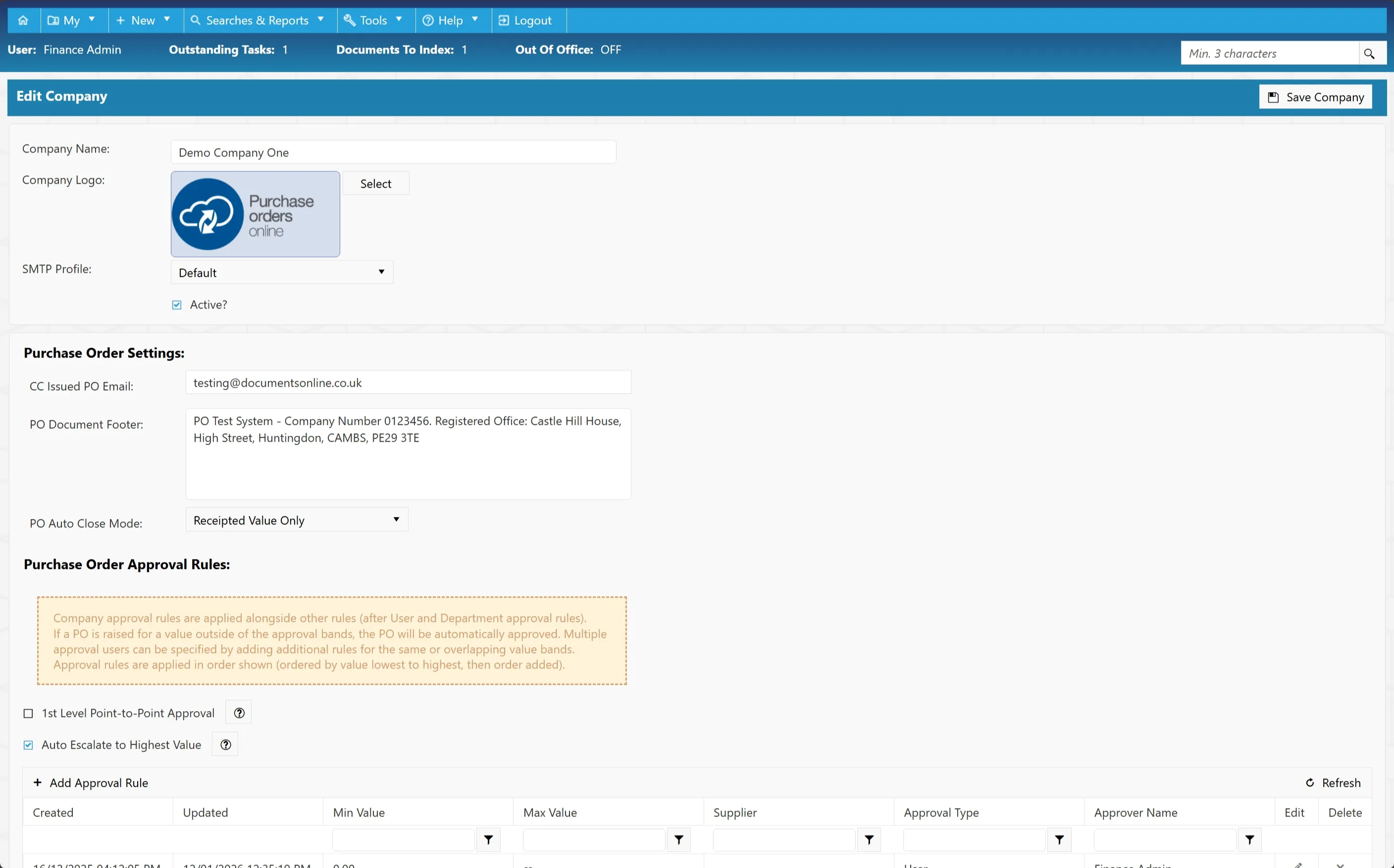 Admin users have the ability to edit existing companies within the purchase order system.