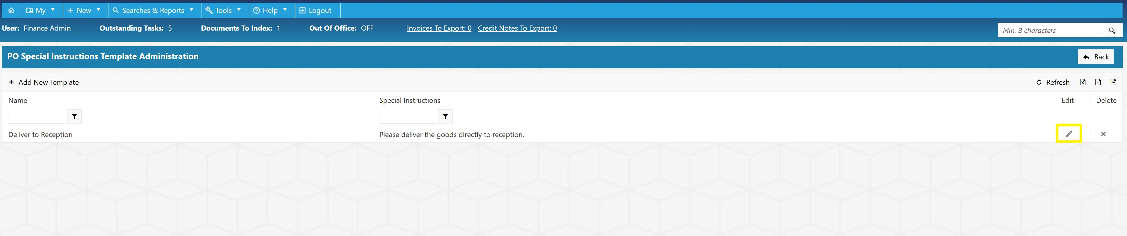 Admin users can edit existing po special instruction templates as required.