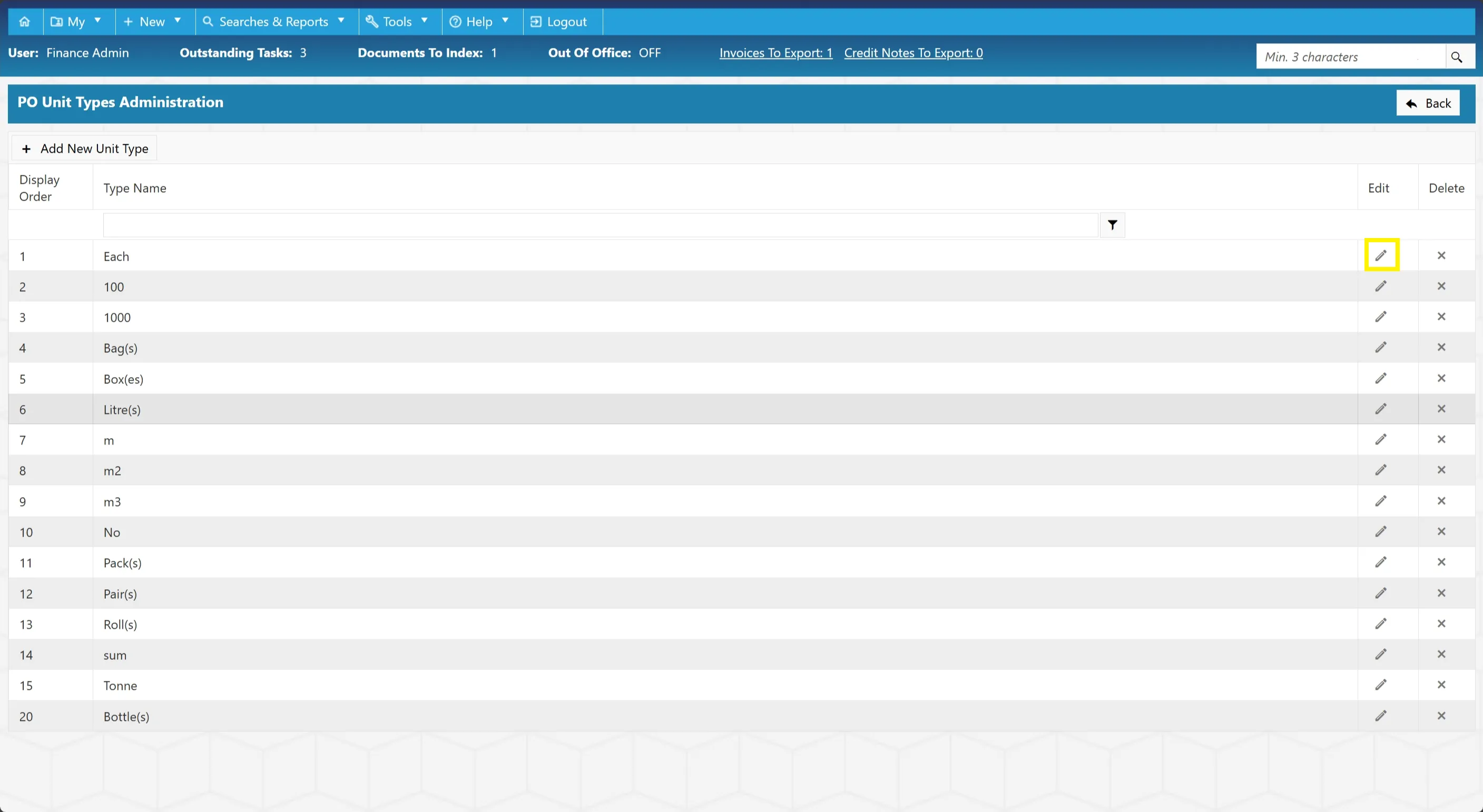 Admin users can edit existing PO unit types as required.