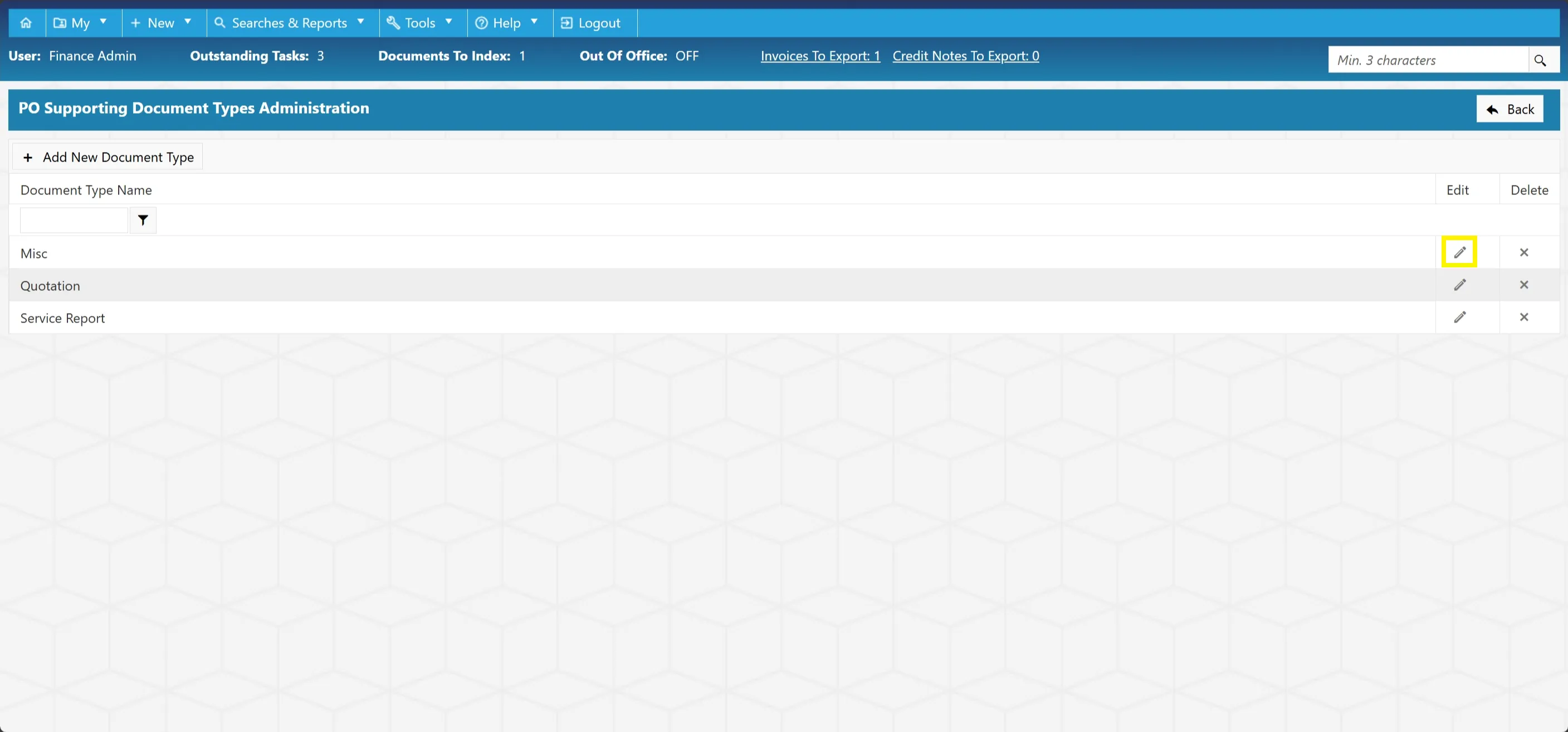 Admin users have the ability to edit existing document types as required.