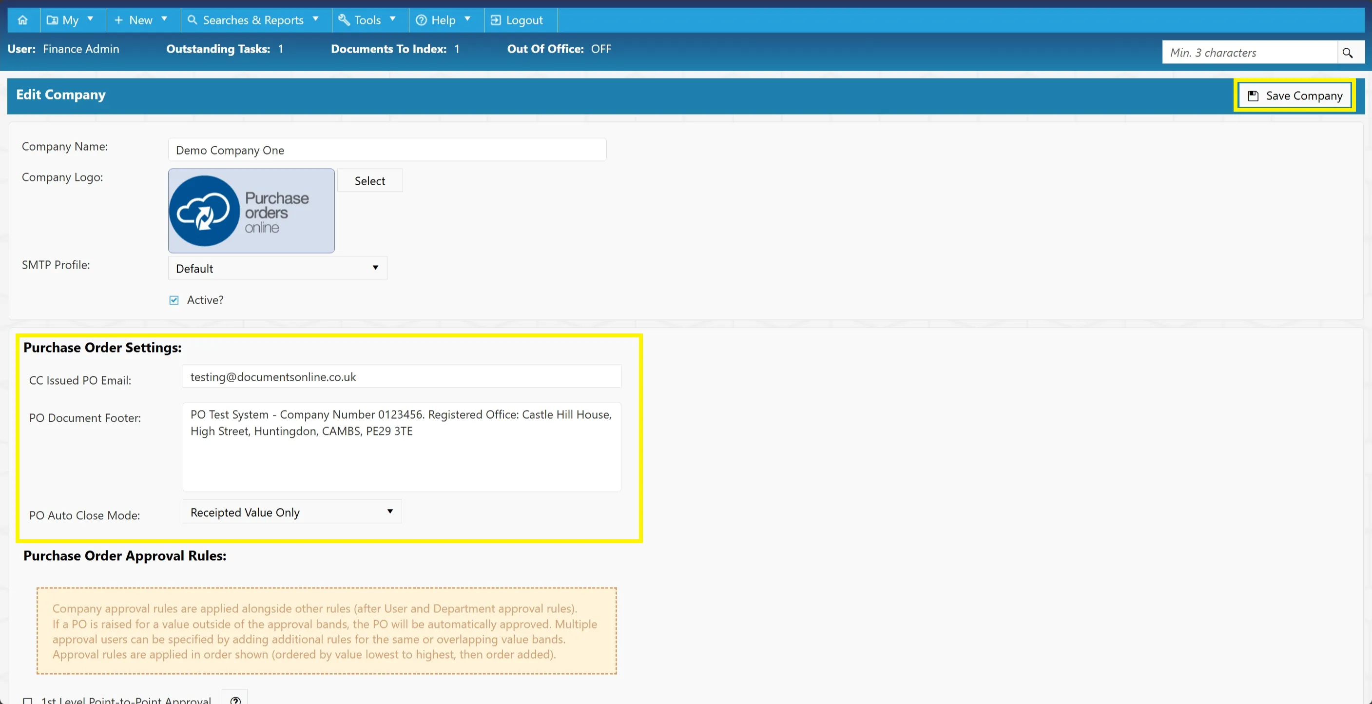 From the Edit Company window, users can configure key PO-related options.
