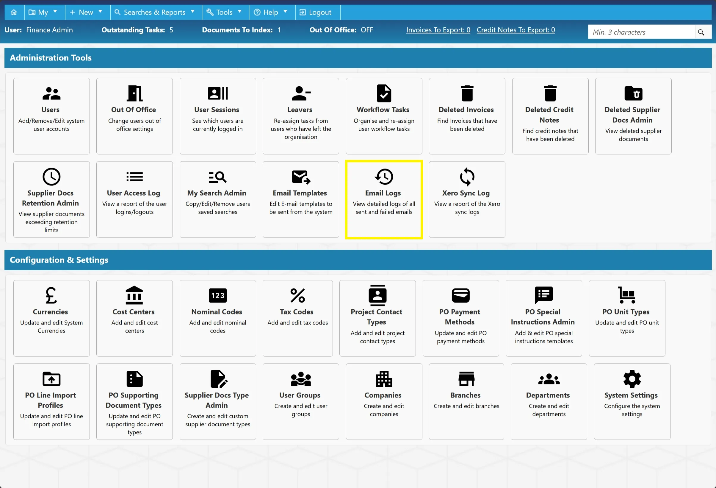 Email Logs Admin Tool Admin users can view email logs to verify whether an email has been sent from the system.