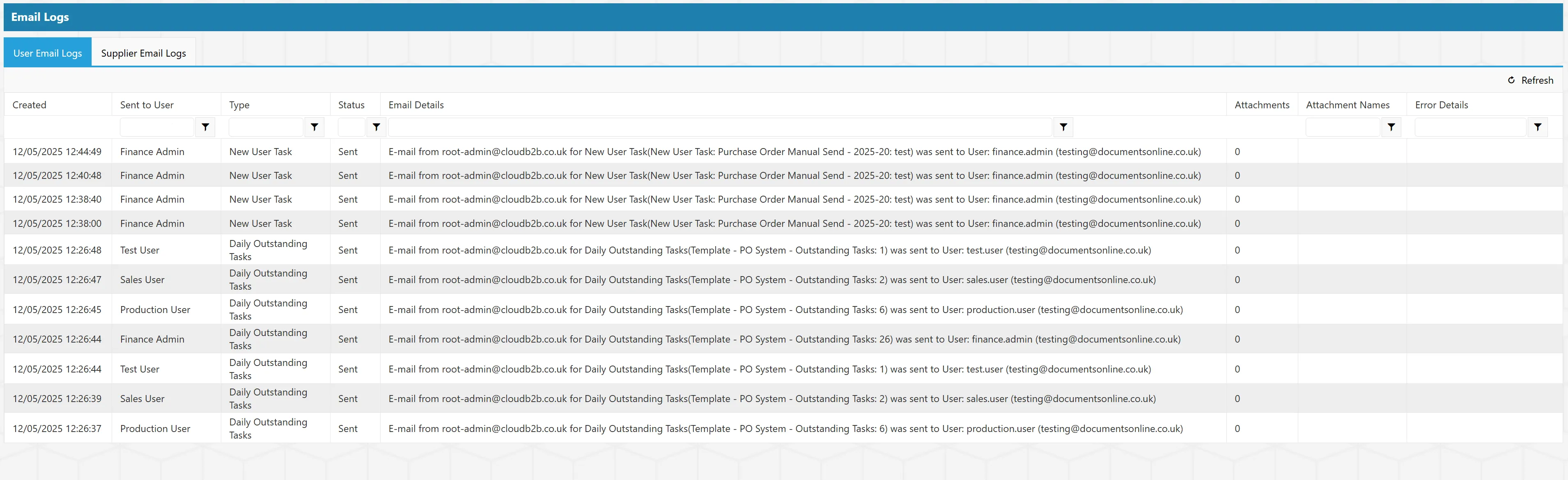 Email Logs Grid The email logs grid displays key information relating to emails sent from the system.