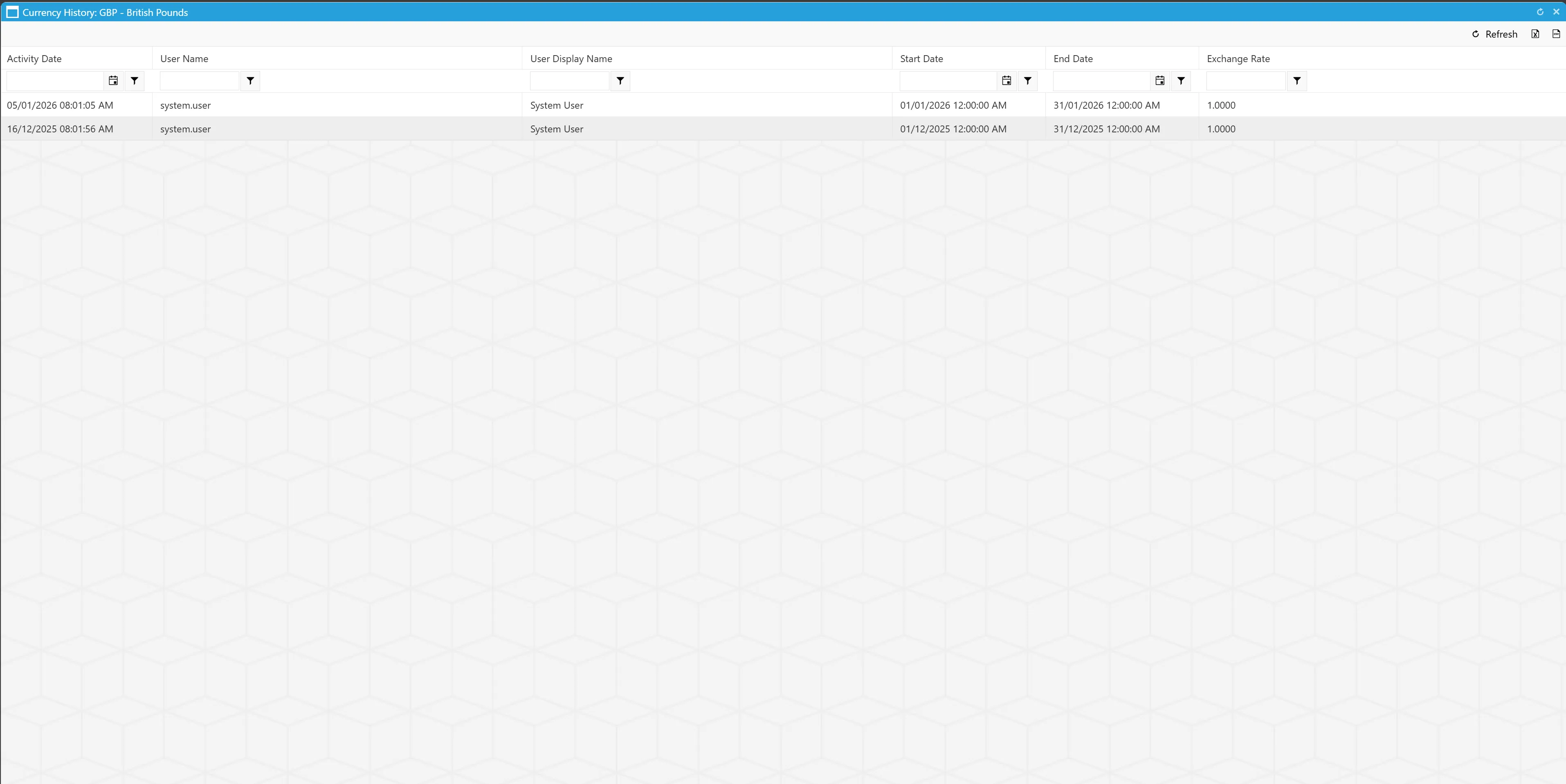 Selecting History shows a grid containing all updates relating to the chosen currency.