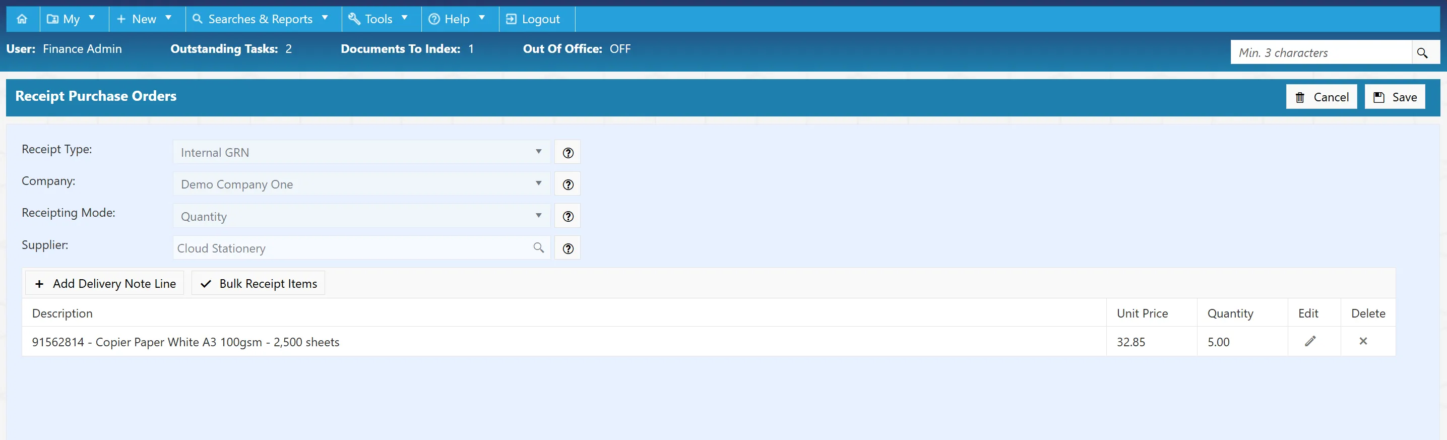 Add Delivery Note Line Select Insert Line to commit the items to the goods received note.