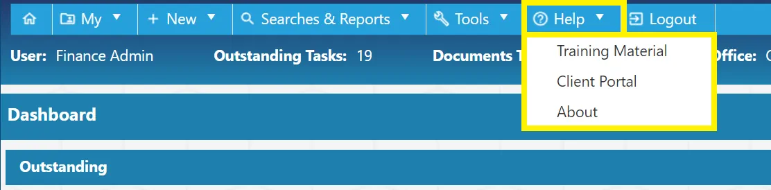 The Help section contains training material and access to the support portal.