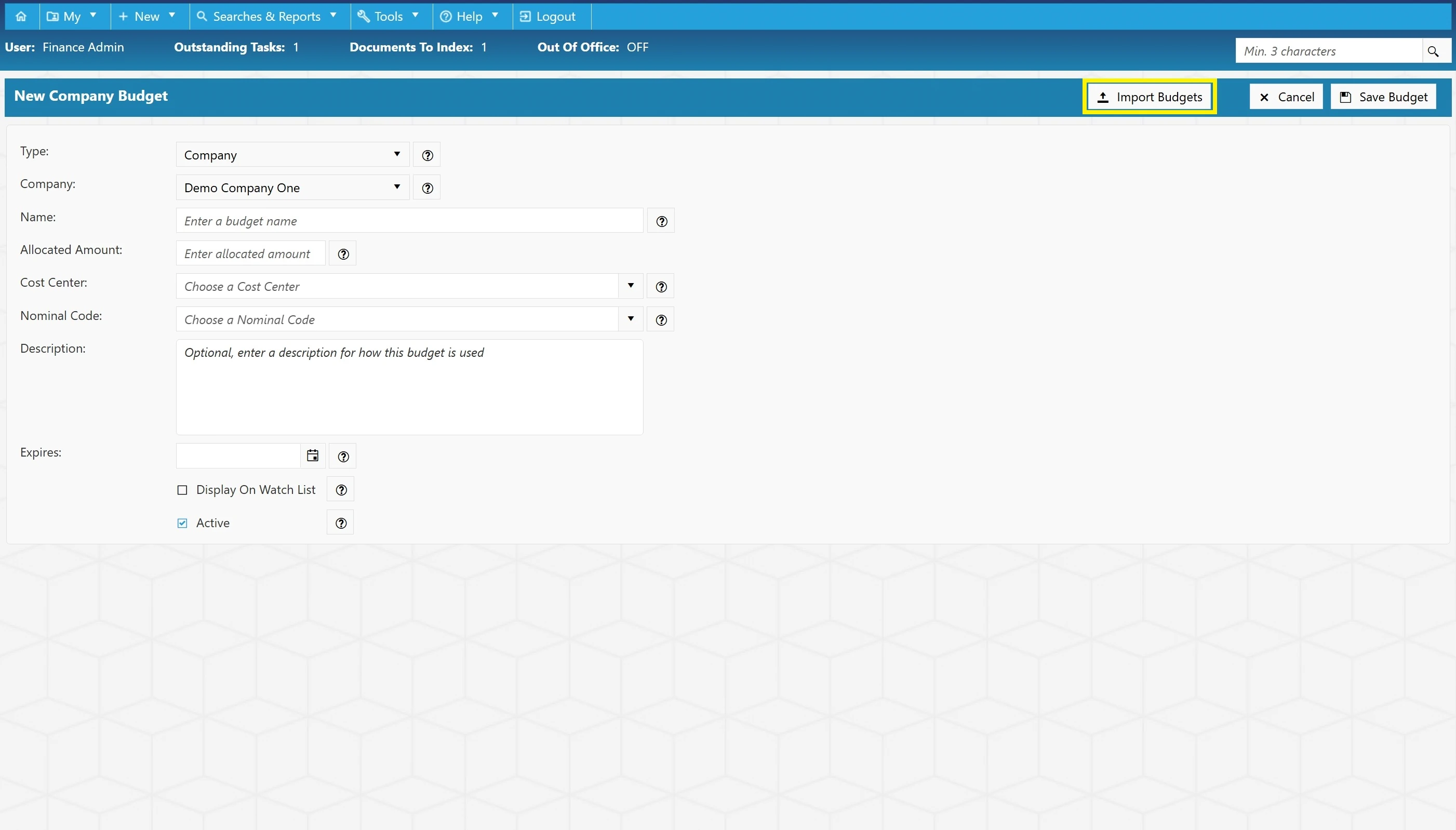 Import Budgets The purchase order system allows users to import budgets in bulk.
