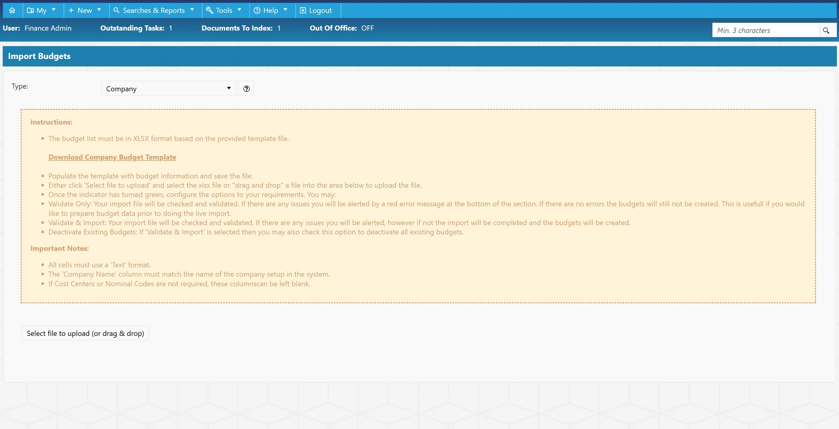 Import Budgets Process The system provides a guide showing users how to import budgets.