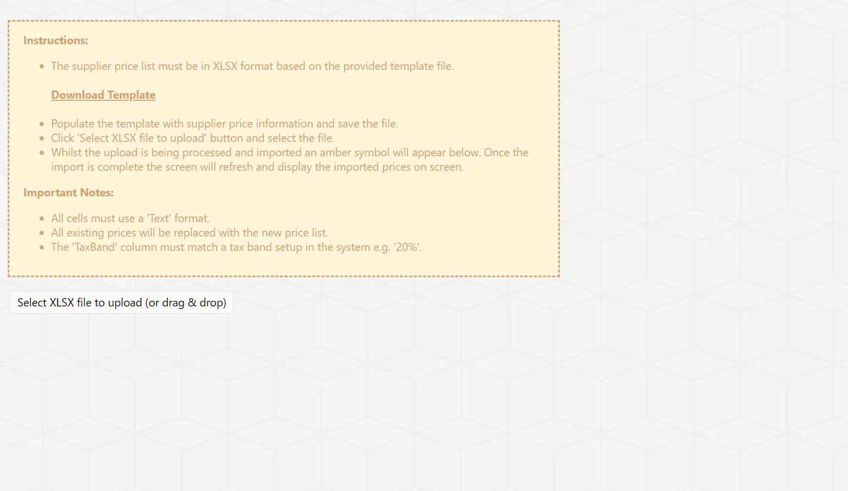 Users have the option to bulk-import supplier prices for efficiency.