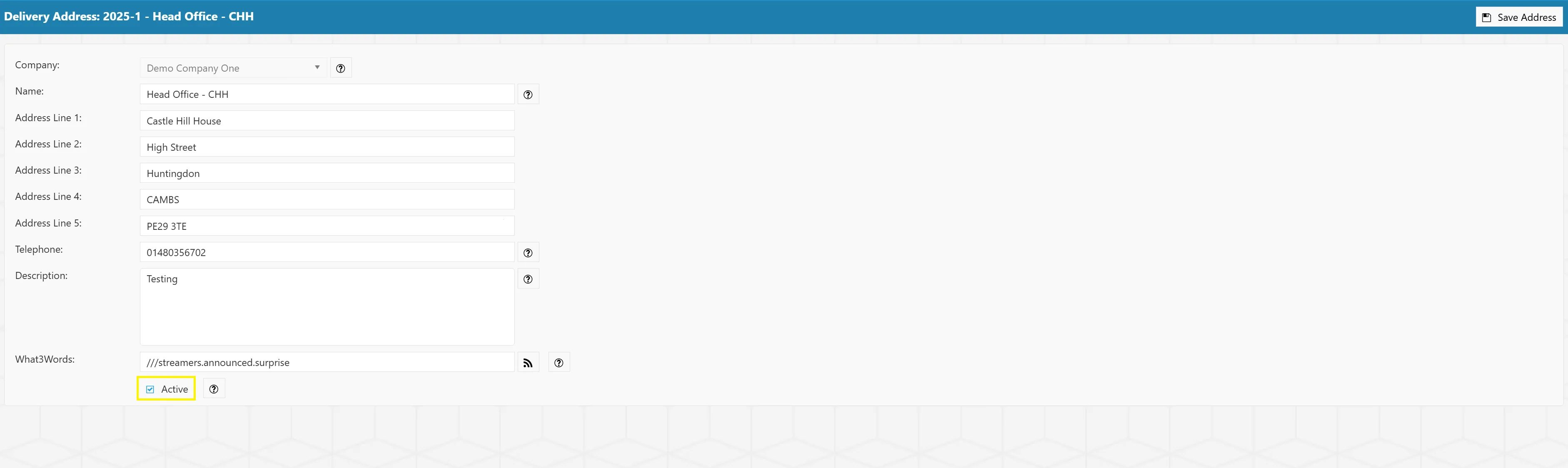 Mark a delivery address as inactive by ensuring that the Active box is un-ticked.