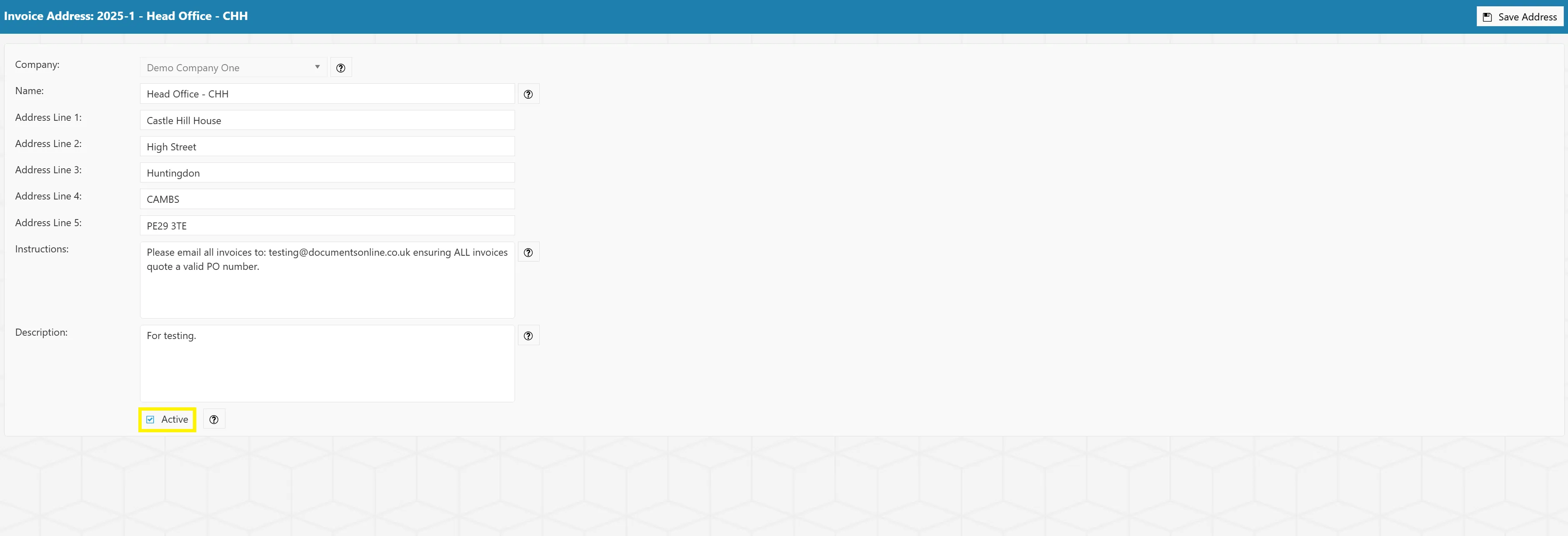 Mark an invoice address as inactive by ensuring that the Active box is un-ticked.