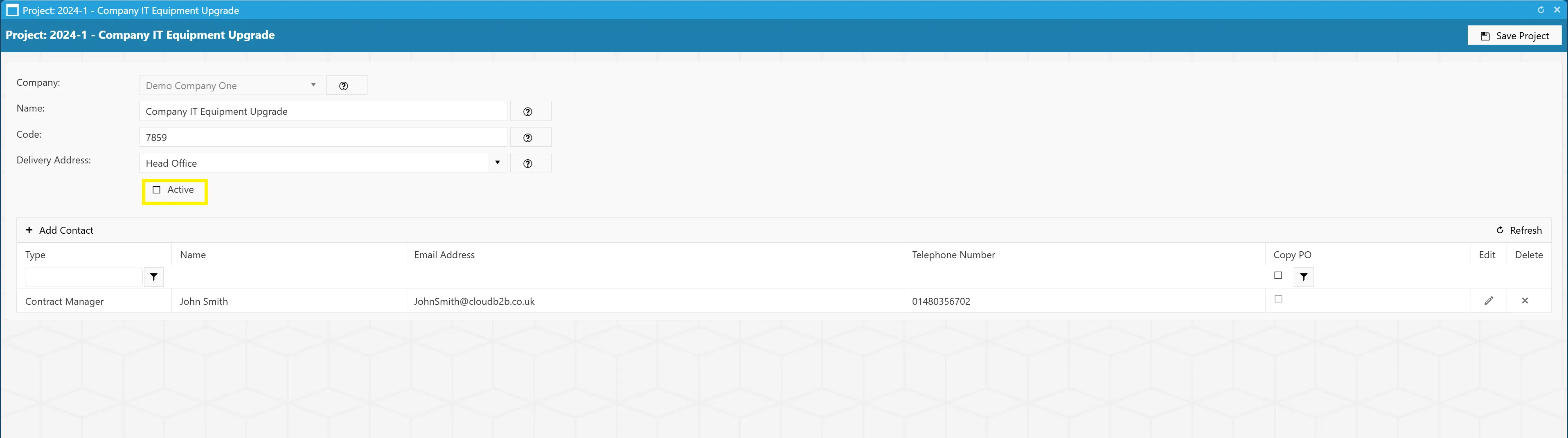Mark a project as inactive by ensuring that the Active box is un-ticked.