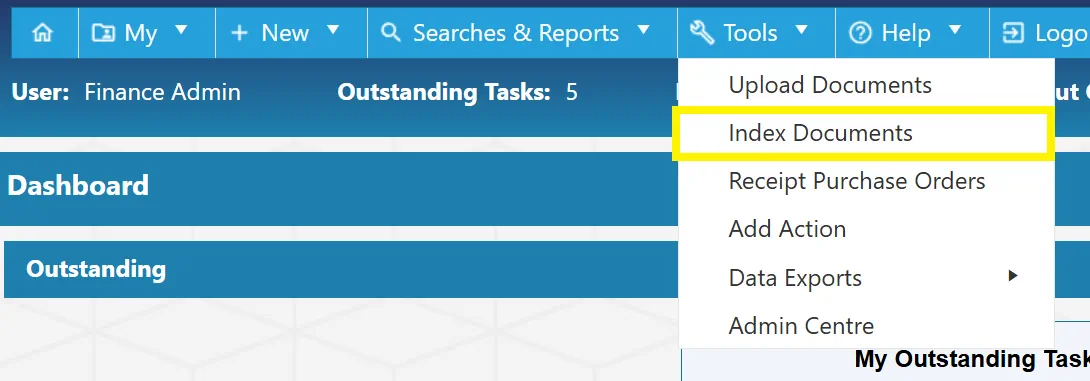 Selecting Index Documents will allow users to begin indexing documents that have been uploaded to the system.