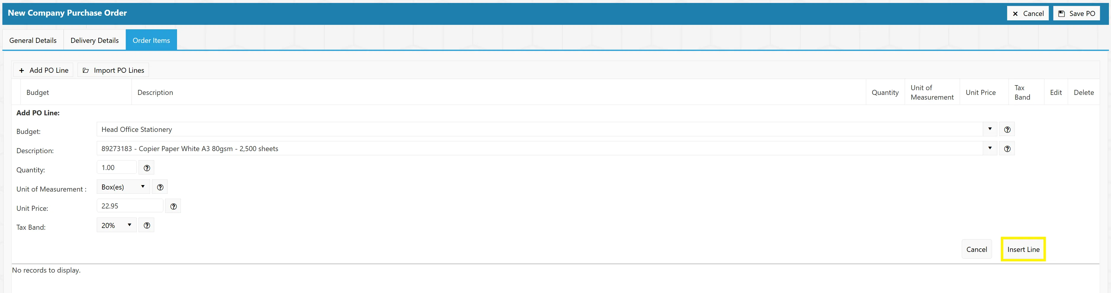 Selecting the Insert Line button commits your item to the purchase order.