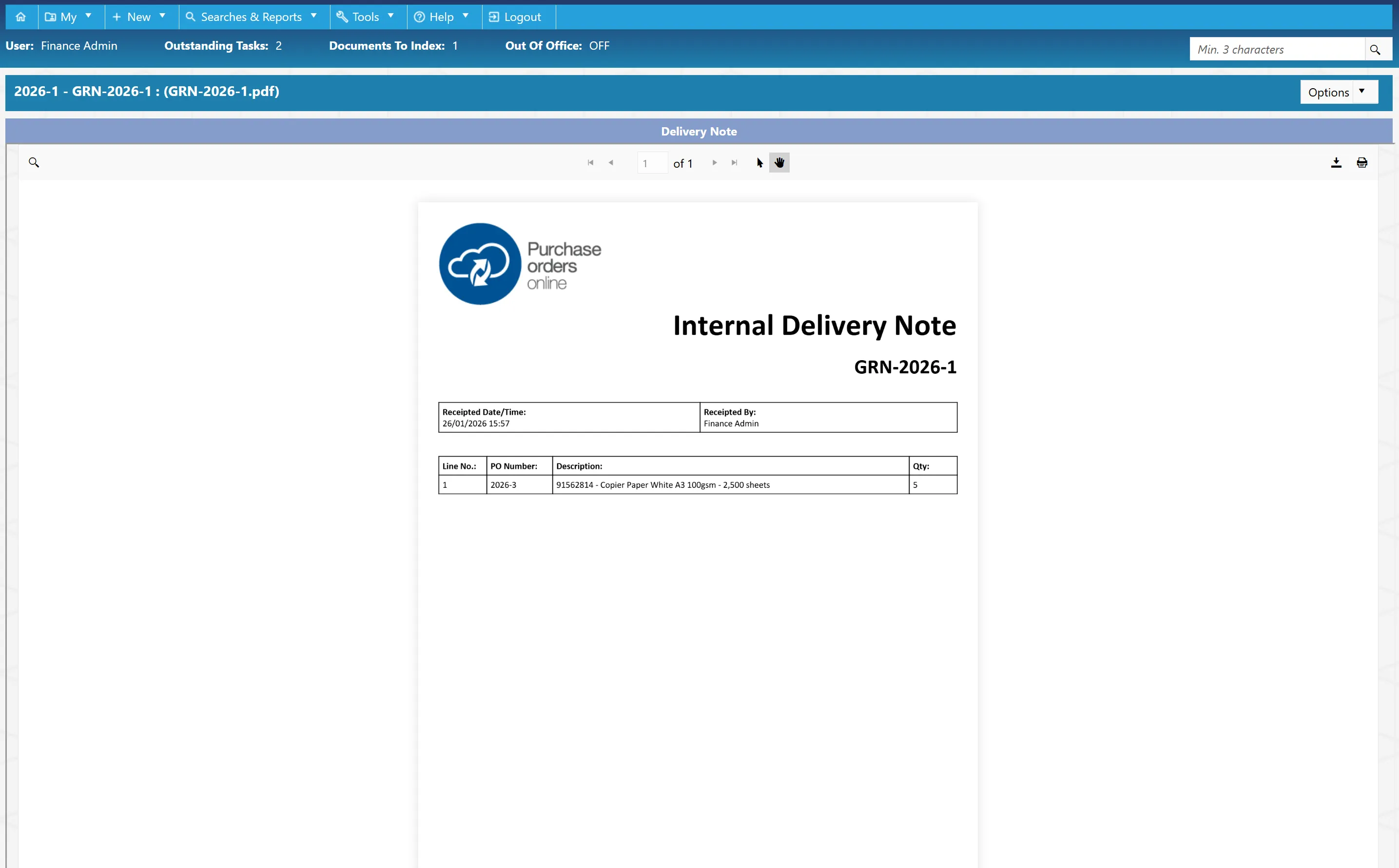 Add Delivery Note Line The system generates an internal delivery note which can be downloaded if required.