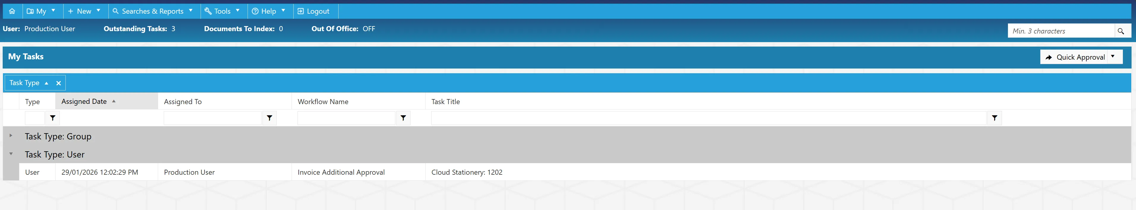 Invoice Additional Approval tasks are listed within the user's My Tasks window.