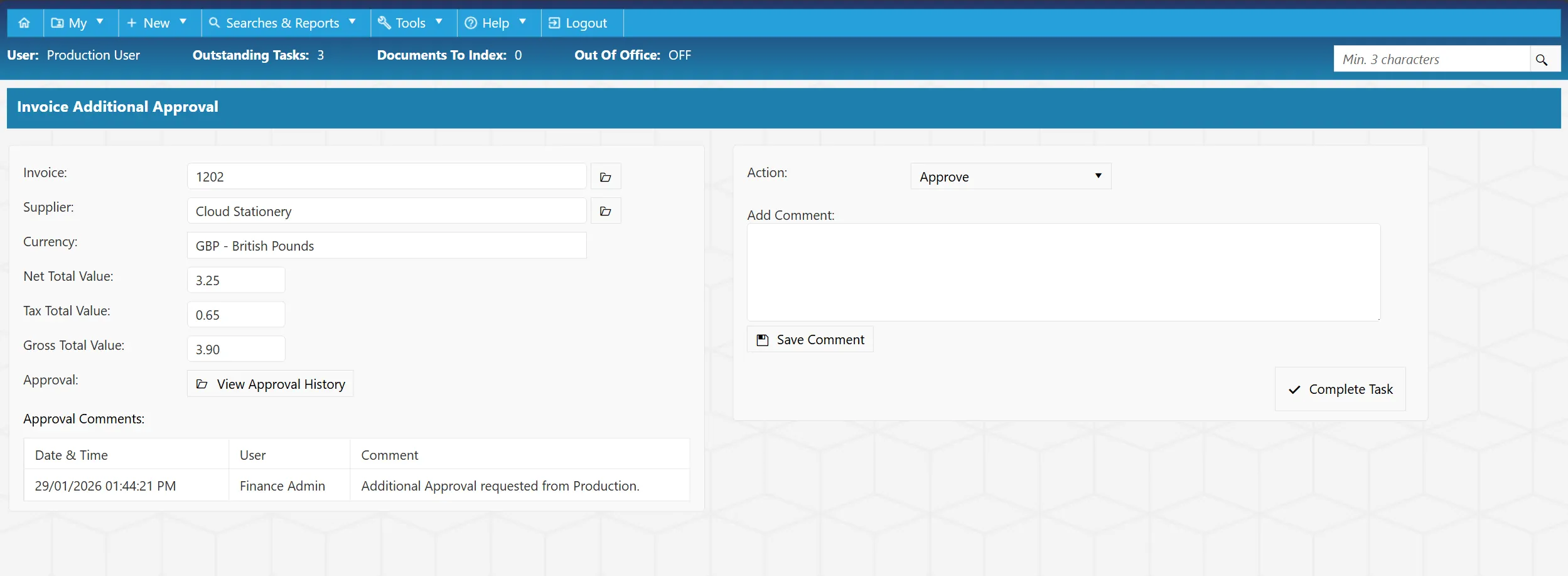 The Invoice Additional Approval task is very similar to a standard Invoice Approval task.