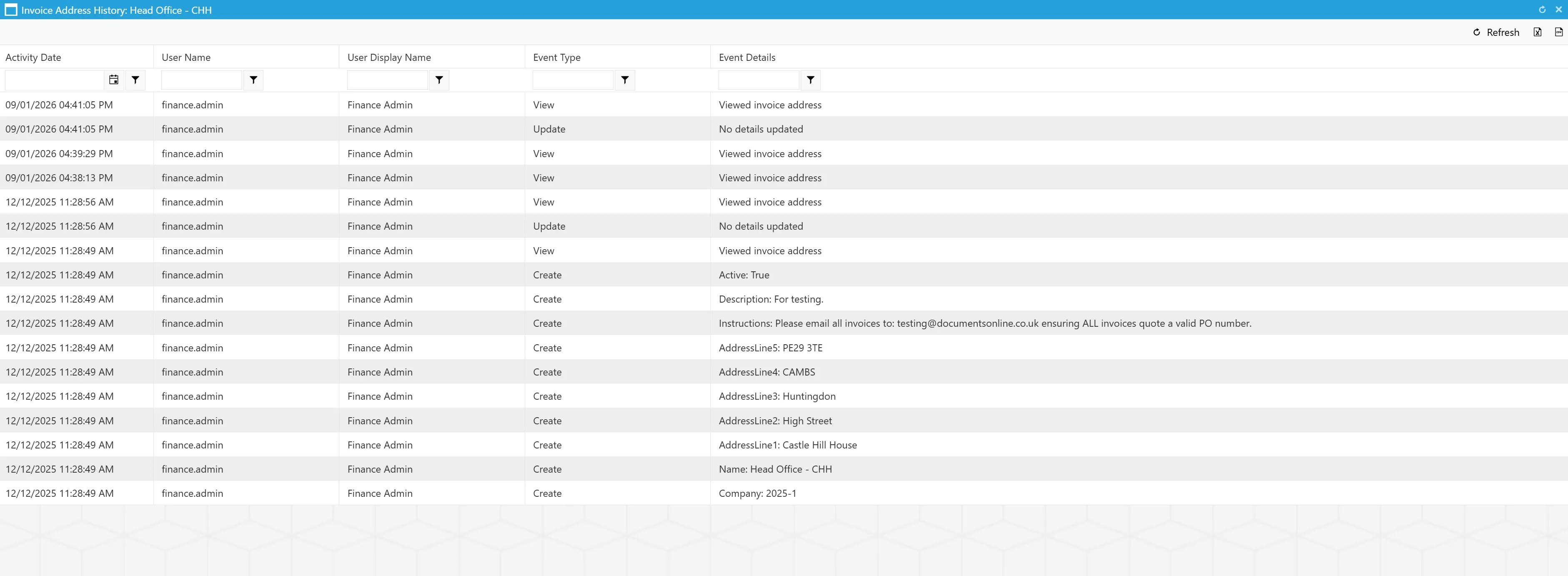 The Invoice Address History Grid contains key information relating to the address.