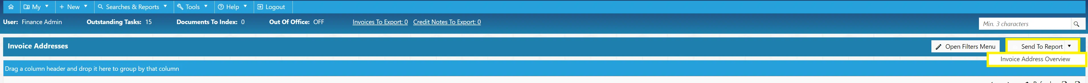 Selecting Invoice Address Overview will send the search results to a report.