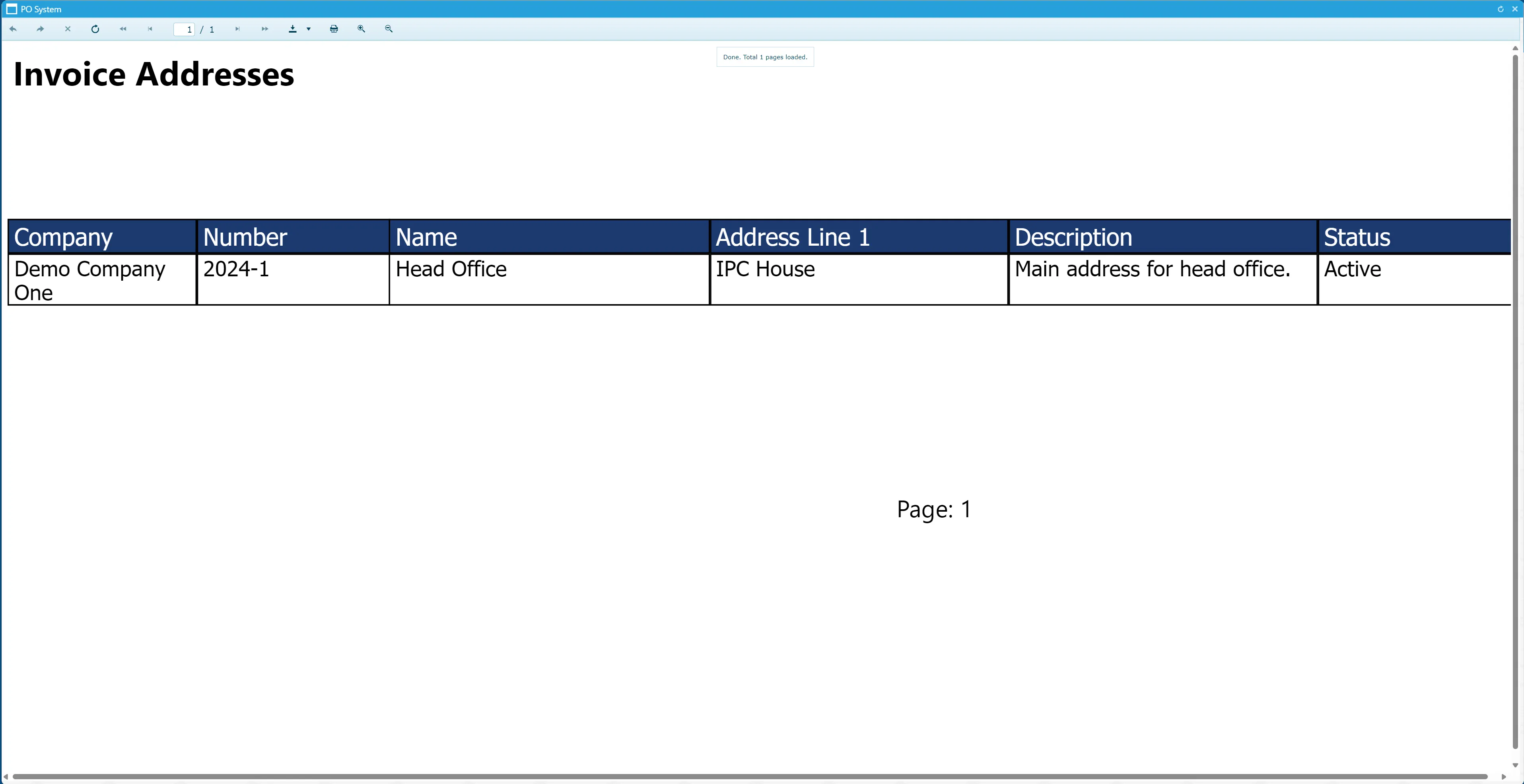 The invoice addresses report displays the addresses in a clear format.