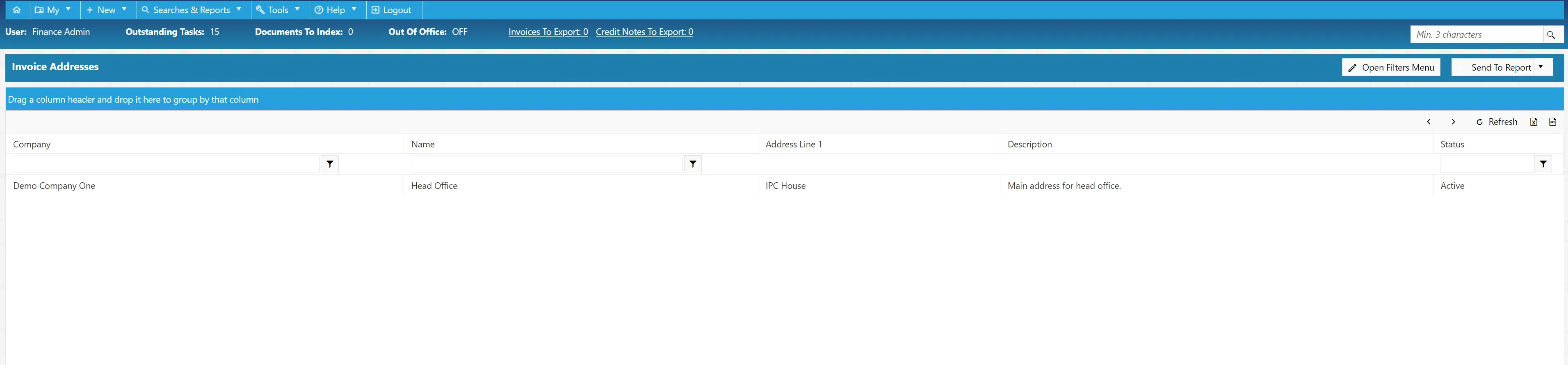 Invoice addresses are displayed in a search results grid consisting of columns.