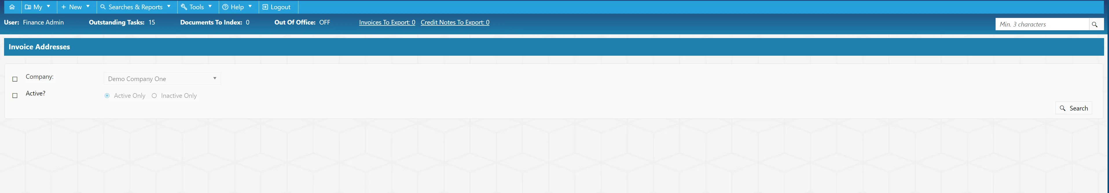The invoice addresses search can be filtered as required.