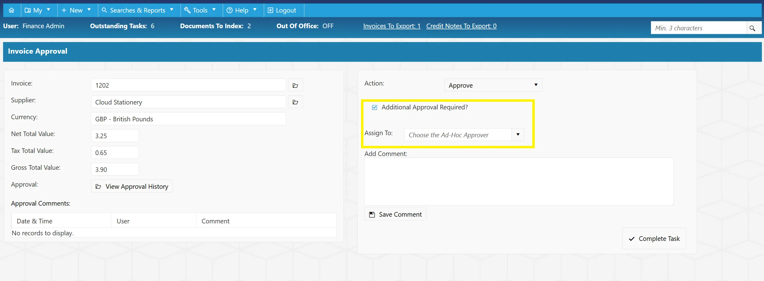 With the Additional Approval Required box ticked, users can choose who the additional approval task is assigned to.