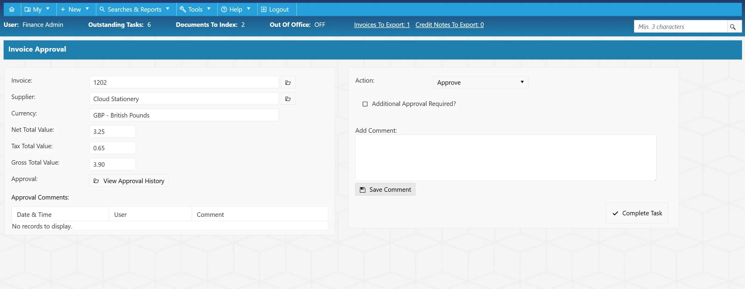 Once an invoice is submitted for approval, the approver will receive a task.