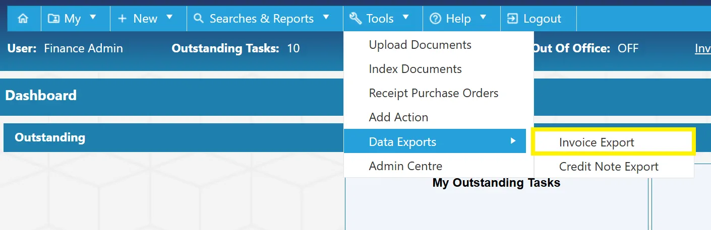 To begin an invoice export, navigate to the Invoice Export section under the Tools menu.