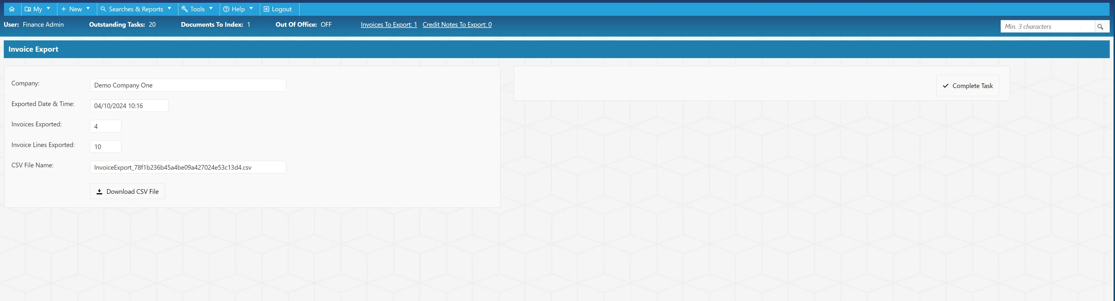 Once an invoice export has been completed, the user who carried it out will receive a task.
