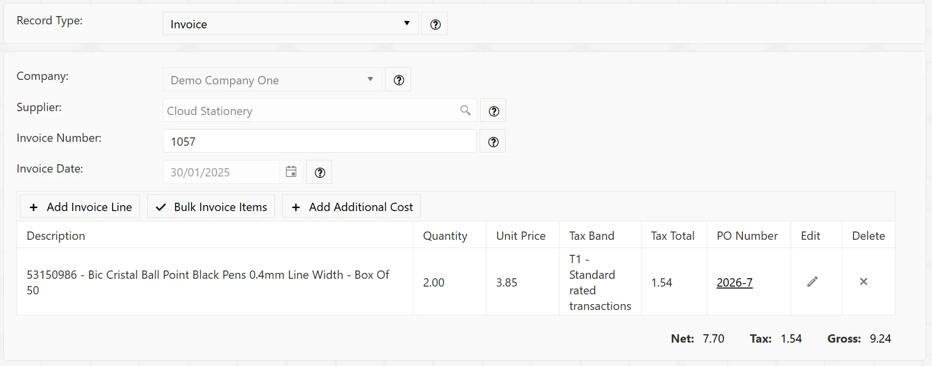 When an invoice line is added, it will be displayed on the grid along with a set of running totals.