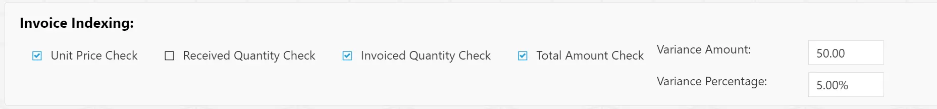 Admin users can specify the checks that the system carries out when indexing an invoice.
