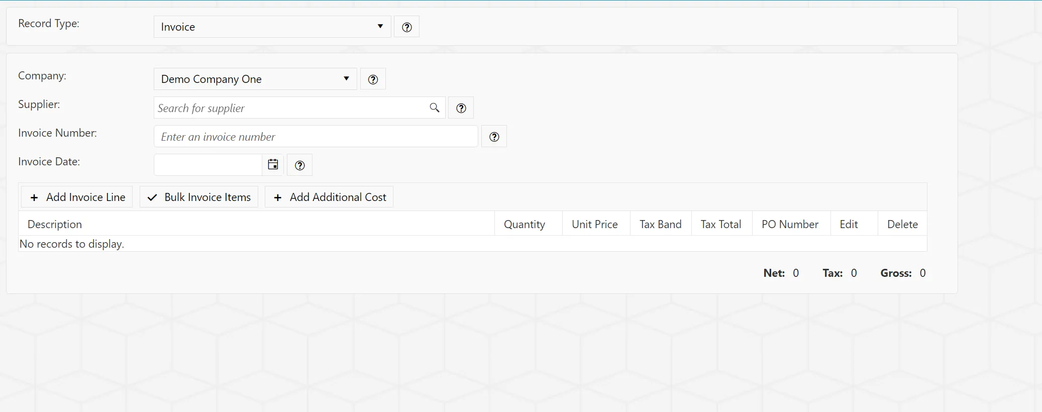 Changing the record type to Invoice will display several fields for the user to populate.